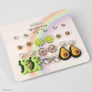 Серьги набор 12 пар «Вкусняшки» динозаврик и авокадо, цветные в золоте Серьги набор 12 пар «Вкусняшки» динозаврик и авокадо, цветные в золоте