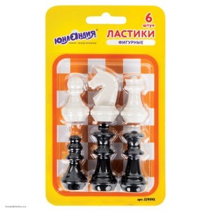 Ластики фигурные ЮНЛАНДИЯ «Шахматы» НАБОР 6 шт., черно-белые, 229593.