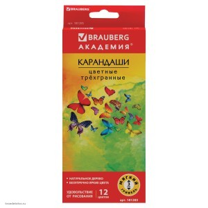 Карандаши цветные BRAUBERG Бабочки набор 12 цветов трехгранные корпус с полосками 181285