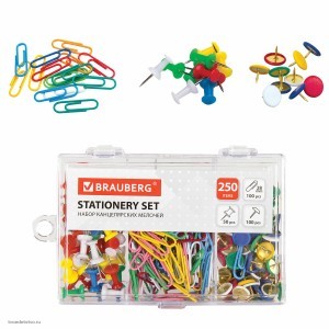 Набор BRAUBERG скрепки цветные 28 мм/100 шт. кнопки канцелярские 100 шт. силовые кнопки 50 шт. 229675