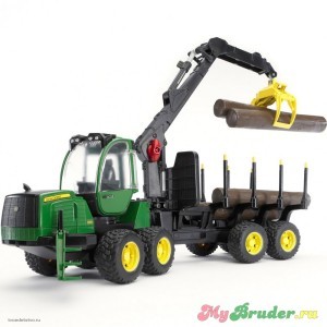 Трактор John Deere 1210E с прицепом с манипулятором и брёвнами Bruder 02133