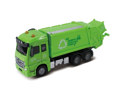 Мусоровоз, кабина Die-Cast, инерционный механизм, свет, звук, зеленый, масштаб 1:43