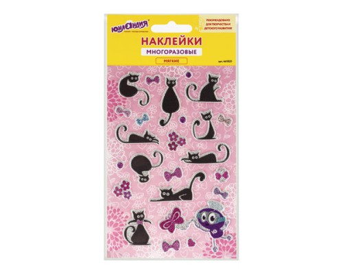 Наклейки зефирные "Кошки", многоразовые, с блестками, 10х15 см, ЮНЛАНДИЯ, 661825