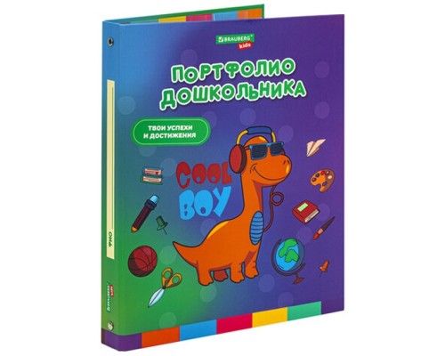 Папка-портфолио дошкольника "ДИНОЗАВР", 4 кольца, 20 файлов, 10 вкладышей, 7БЦ матовая, BRAUBERG KIDS, 115238