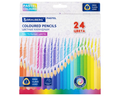 Карандаши цветные BRAUBERG PASTEL, 24 пастельных цвета, трёхгранные, грифель 3 мм, 181851