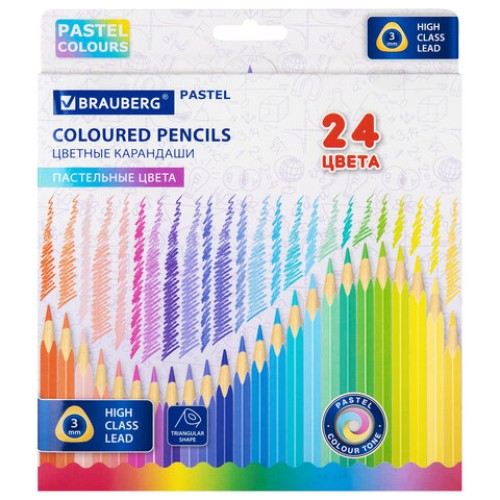 Карандаши цветные BRAUBERG PASTEL 24 пастельных цвета