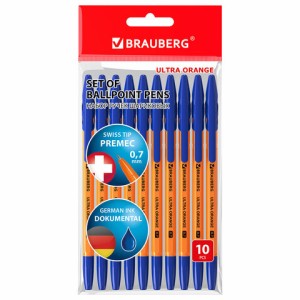 Ручки шариковые BRAUBERG ULTRA ORANGE СИНИЕ НАБОР 10 штук