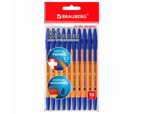Ручки шариковые BRAUBERG "ULTRA ORANGE", СИНИЕ, НАБОР 10 штук, корпус оранжевый, узел 0,7 мм, 143571