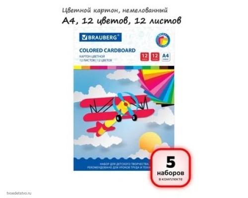 Картон цветной А4 немелованный, 12 листов 12 цветов, в папке,BRAUBERG, 200х290 мм, 