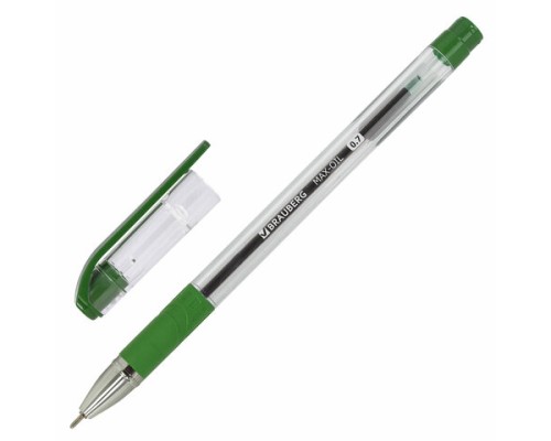 Ручка шариковая масляная с грипом BRAUBERG "Max-Oil", ЗЕЛЕНАЯ,игольчатый узел 0,7 мм, линия письма 0,35 мм, 142144