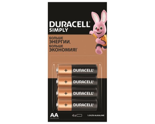 Батарейки КОМПЛЕКТ 4 шт. (отрывной блок), DURACELL Simply, AA (LR06, 15А), алкалиновые, пальчиковые, 5009139