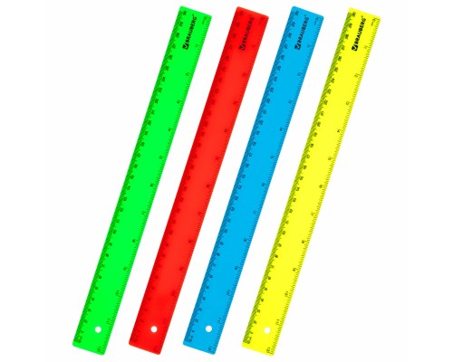 Комплект 4 шт Линейка пластиковая 30 см, BRAUBERG, неоновая, ассорти, 210839