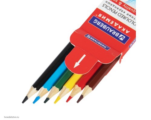 Карандаши цветные мягкие BRAUBERG АКАДЕМИЯ 6цв шестигранные