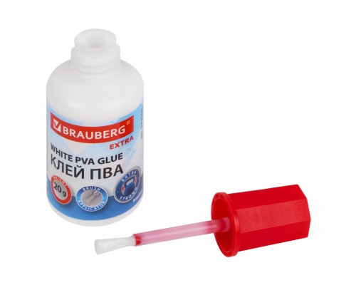 Клей ПВА УСИЛЕННЫЙ 20 г с кисточкой (бумага, фотографии, картон, дерево), BRAUBERG Extra, 272998