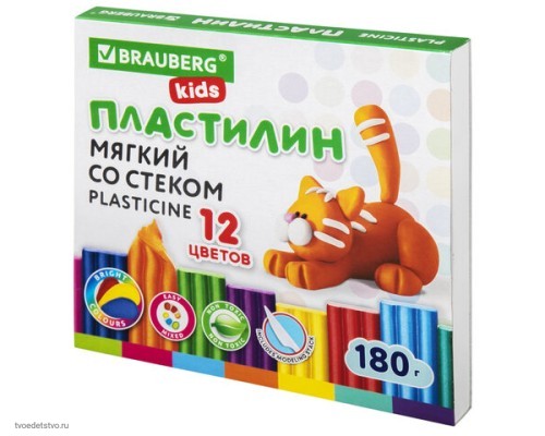 Пластилин мягкий восковой BRAUBERG KIDS 12 цветов 180 г со стеком 106495