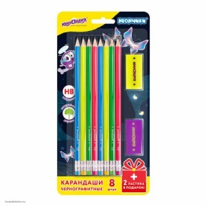 Набор ЮНЛАНДИЯ Неончики 8 карандашей чернографитных HB 2 ластика Набор ЮНЛАНДИЯ Неончики 8 карандашей чернографитных HB 2 ластика