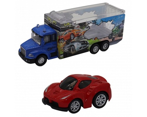 Набор грузовик + машинка die-cast  красная, спусковой механизм 1:60, 30/60