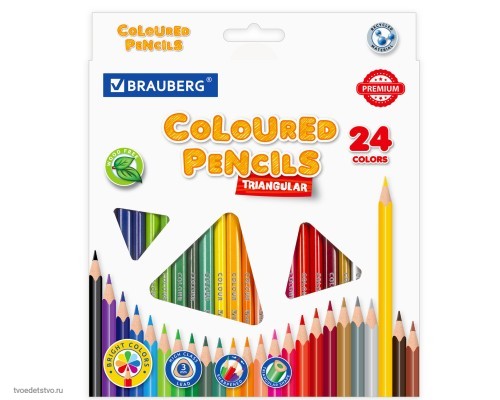 Карандаши цветные BRAUBERG PREMIUM 24 цвета трехгранные