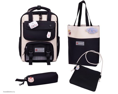 Рюкзак HEIKKI COMBO (ХЕЙКИ), сумка-шоппер, косметичка, пенал В ПОДАРОК, бело-черный, 42х30х14 см,272