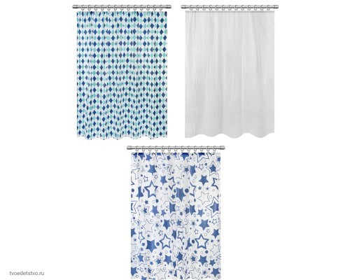 Шторка для ванной PEVA, 180х180 см, кольца в комплекте, дизайн ассорти, УЗОРЫ, WBZ (ВБЗ), 700068