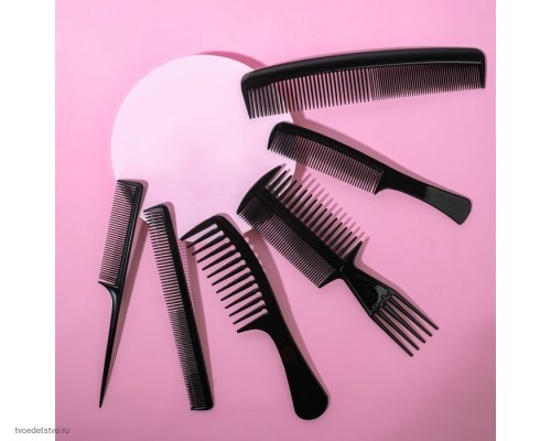 Набор расчесок 6пр (комби 2шт, 3хсторон, с/хвост, с/руч 2шт) чёрный пакет QF   3517902